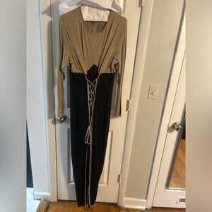 Fashion Nova Black and Cream Bodycon Dress with Dolman Sleeves